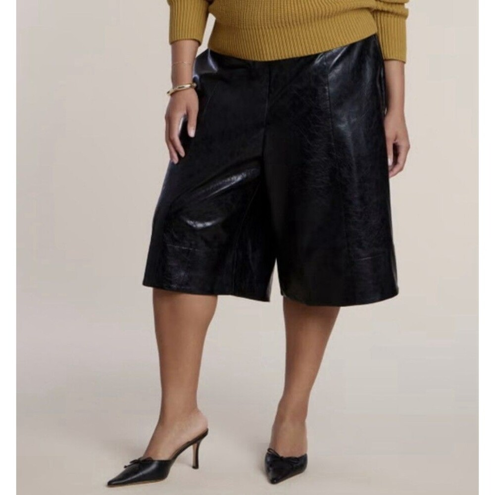 ELOQUII Women's Plus Size 22 Pull On Wide Leg Faux Leather Pant Black Onyx Pocke